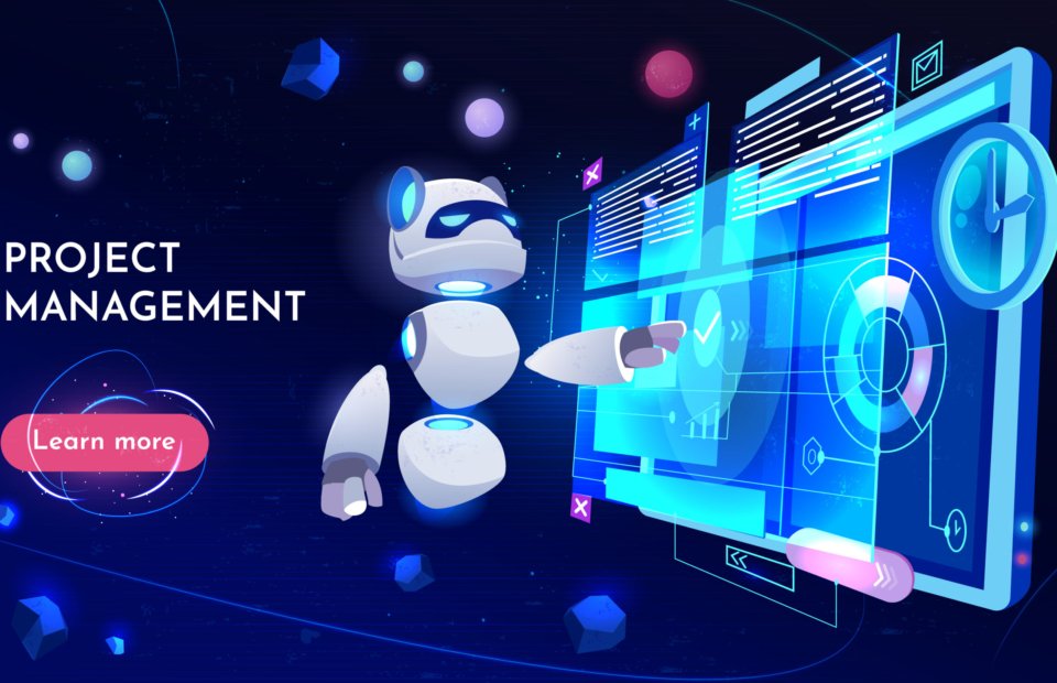 Project management landing page, computer technology in business, panda robot research at monitor with data analysis on screen, neon glowing futuristic background. Cartoon vector illustration, banner