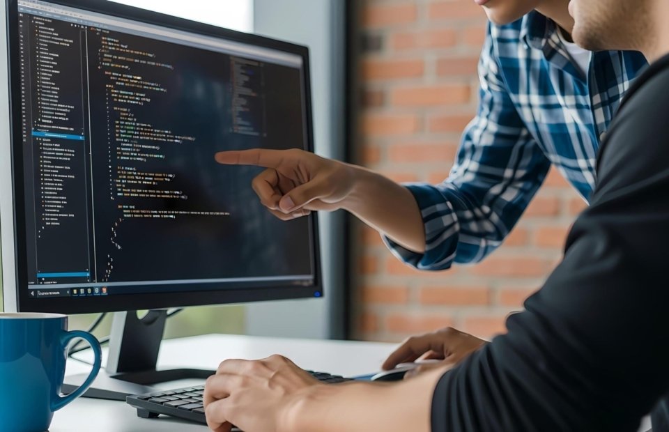 diverse-team-collaboration-developers-working-together-on-code-project-discussing-software-development-photo