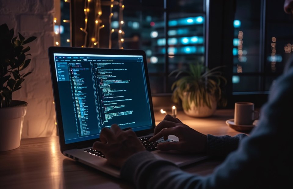 A male programmer intensely focused on writing code on his laptop in a dark room illuminated only by the screen.
