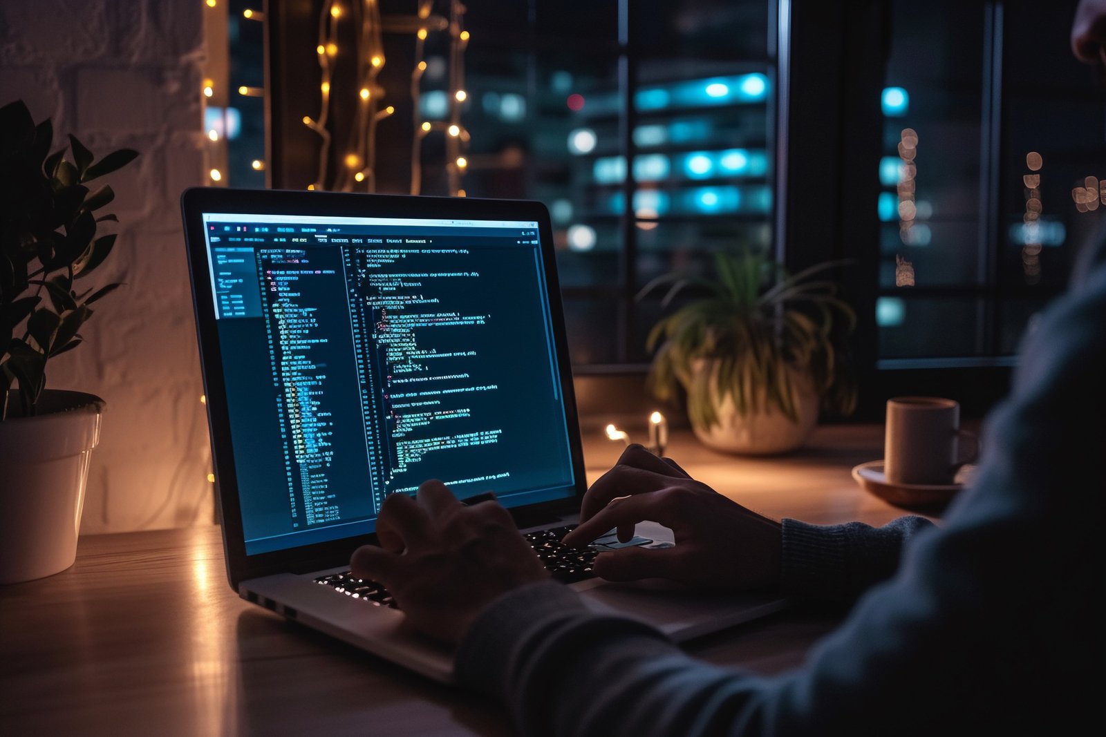 A male programmer intensely focused on writing code on his laptop in a dark room illuminated only by the screen.