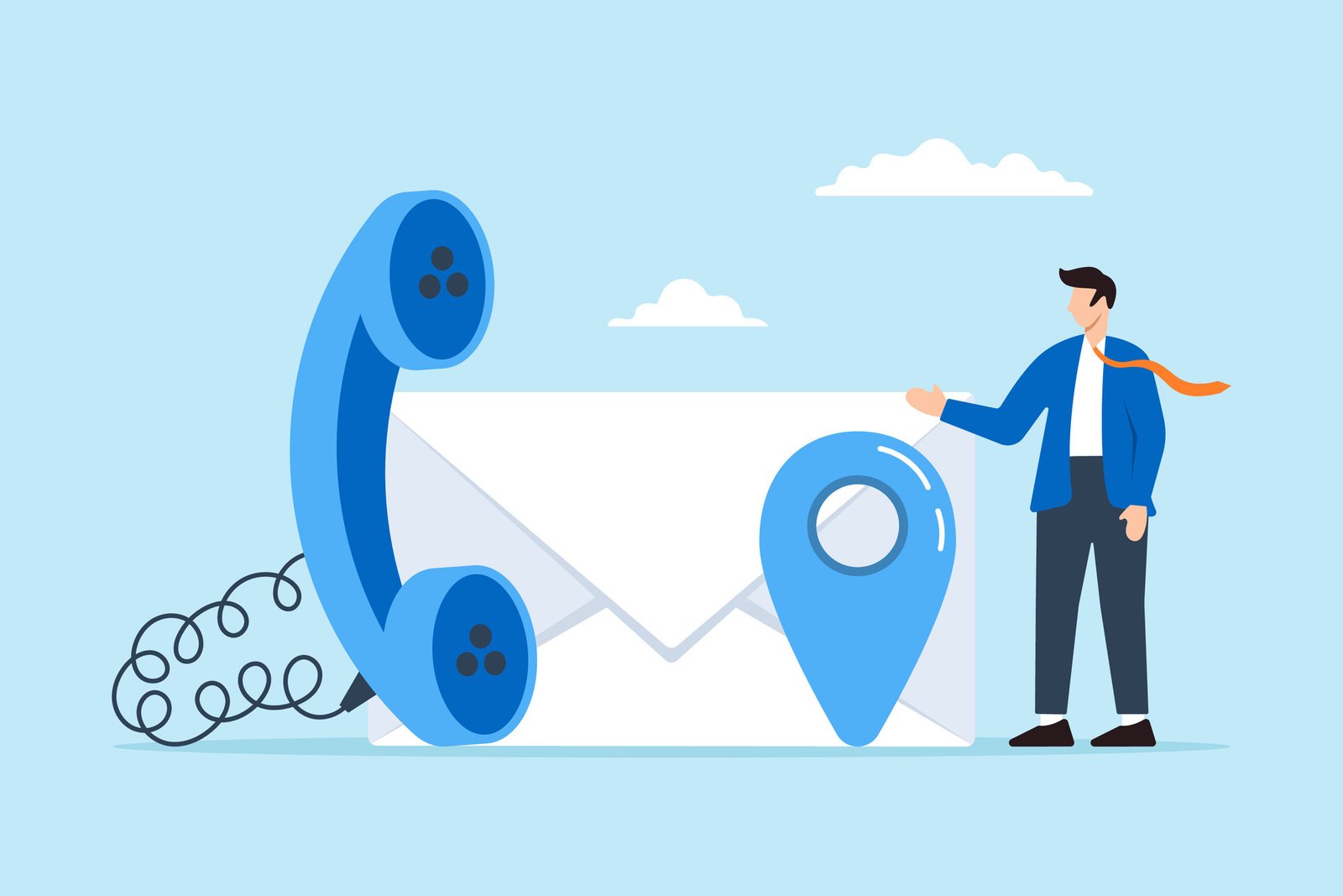 Businessman standing near telephone, email and location pin