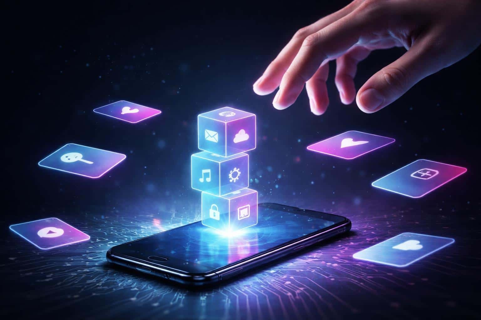 Photoreal 3:2 composition showing a right hand reaching toward stacked holographic cubes over a smartphone, low-key neon lighting and shallow depth for a wallpaper or poster use.